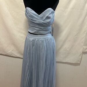 Rose Velvet Strapless Light Blue Two-Piece Evening Dress